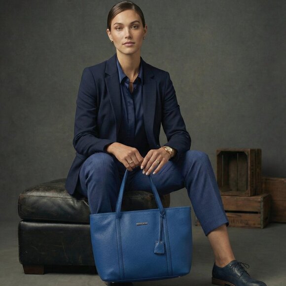 Dana Buchman Handbags - Dana Buchman Womens Pebbled Blue Tote Bag Zebra Lined Minimalist Office Carryall